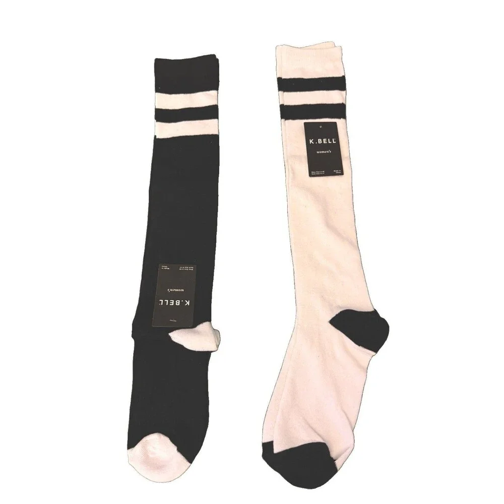 Womens Knee High Socks 2 Pair Lot Black White Striped Shoe Size 4-10 Sock 9-11